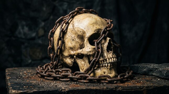 Realistic human skull surrounded by generic aged metal chains, dark studio background.