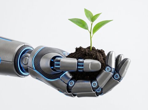 Macro close-up of a high-tech mechanical hand with blue accents delicately protecting a young sprout. White background, symbol of green tech and sustainability. 