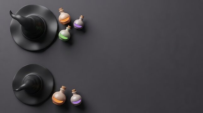 Top view of two black witch hats with small decorative pumpkins and skulls arranged on a dark background for a festive halloween celebration