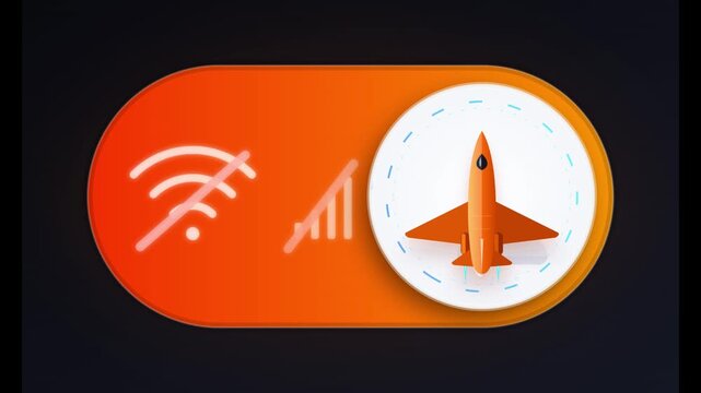 A digital graphic showing an orange toggle switch UI element with a disabled Wi-Fi icon, a disabled signal icon, and an airplane icon inside a white circle indicating Airplane Mode activation.