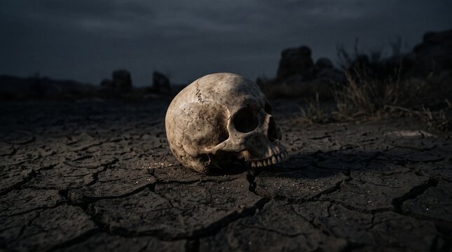 Realistic human skull lying on cracked dry ground, dark atmospheric background.
