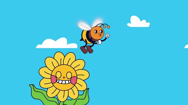 Cute cartoon bee flies past happy sunflower and clouds on bright blue sky background.