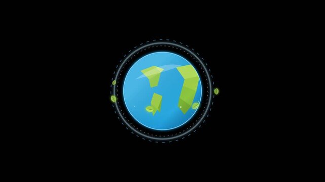 Cartoon Earth globe with green continents rotating on a solid black background, seamless flat 2D motion graphics loop animation for ecology and environmental awareness