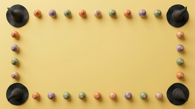 A festive halloween frame made of miniature witch hats and colorful candy balls arranged on a soft yellow background for holiday party invitations