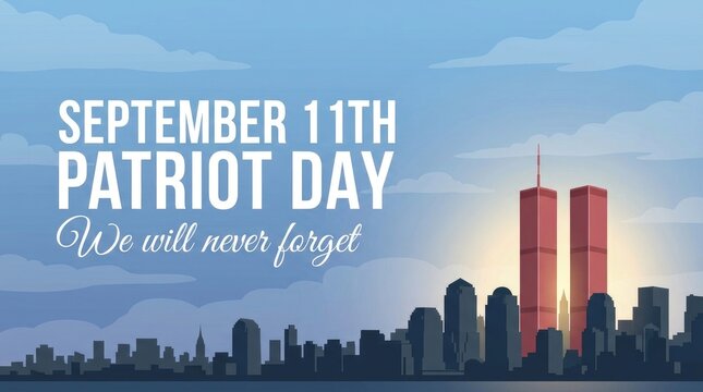 September 11th Patriot Day We Will Never Forget vector illustration banner with Twin Towers sunset