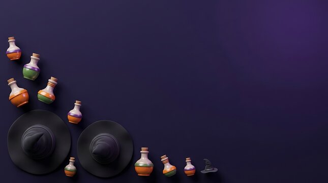 A festive halloween background featuring various glass potion bottles and black witch hats arranged neatly on a dark purple surface with copy space