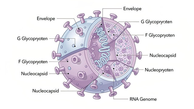 Nipah Virus Labeled Cross‑Section Scientific Illustration, Virion Internal Anatomy