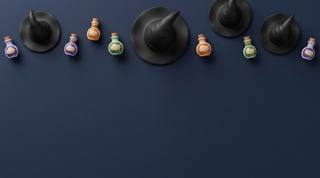 A festive halloween flat lay composition featuring miniature witch hats and colorful potion bottles arranged neatly on a dark blue background surface