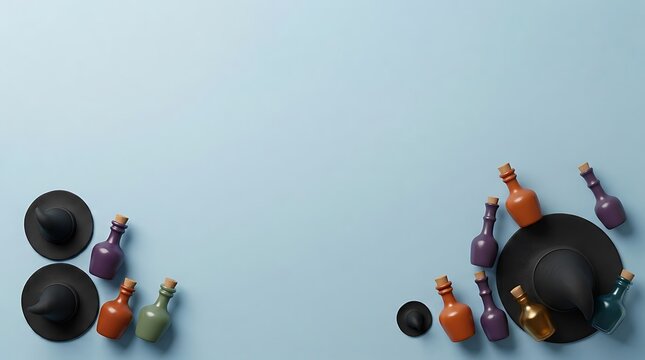 Top view of festive halloween decorations including small pumpkins and witch hats arranged on a light blue background with plenty of copy space