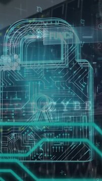 Animation of warning data processing, online security padlock and circuit board