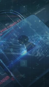 Animation of data processing, online security padlock and circuit board
