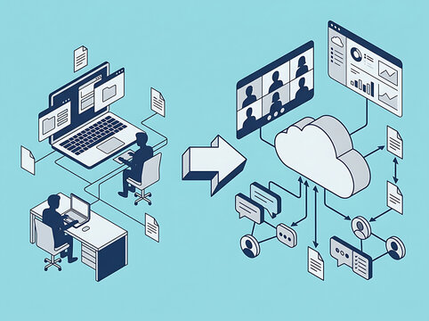 Business professionals transitioning workflow to cloud computing network
