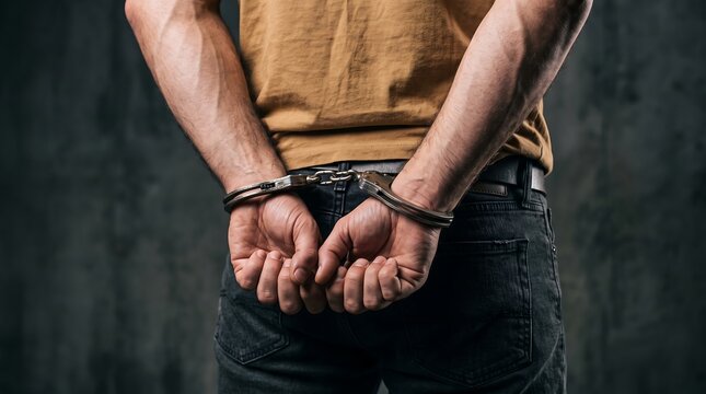 Rear view close-up of a man wearing a brown shirt and jeans with his hands handcuffed behind his back against a dark textured wall, representing arrest and legal justice.