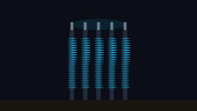 Time lapse of modern skyscrapers construction with glowing blue lights at night