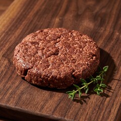 Fototapeta premium Single browned patty on a dark wooden board with a thyme sprig