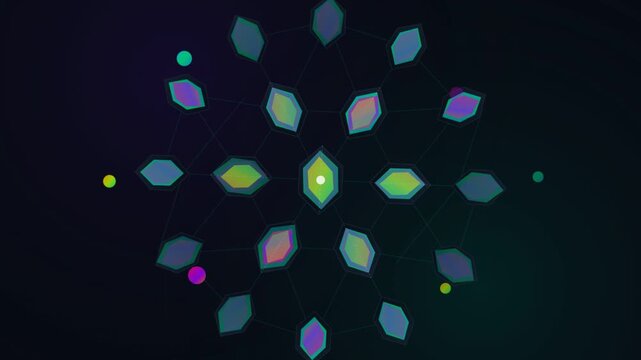 Abstract geometric crystal node network animation with glowing neon diamonds and floating particles, radial constellation data structure motion graphic on dark background