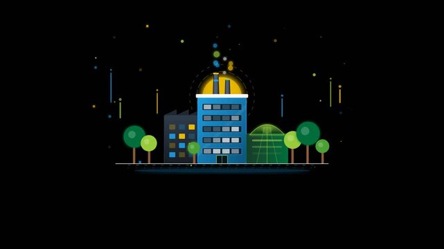 Flat design eco cityscape at night with illuminated domed skyscraper, wind turbines, and floating bubbles symbolizing clean ecology