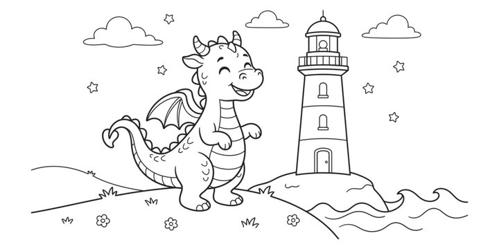 A cute black and white coloring page dragons illustration featuring a friendly baby dragon standing near a tall lighthouse