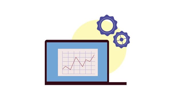 A motion graphic of a laptop displaying a growing financial graph with rotating gears, symbolizing progress and data analysis.