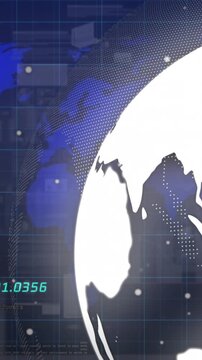 Animation of globe, world map and financial data over navy digital space