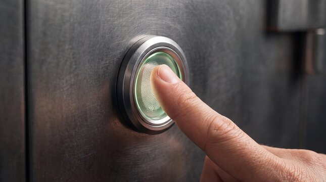 A human finger pressing a glowing green circular button on a brushed metal surface, ad social media download thambnail poster web template event festival 2026 2027 2028