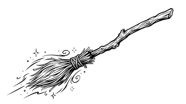 Flying Witch Broomstick Line Art Illustration for Halloween