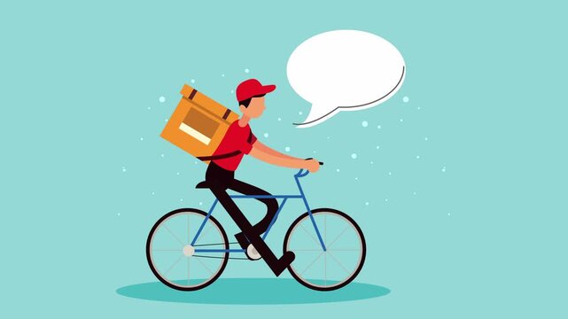 Delivery man riding bicycle with cargo box and speech bubble for message communication.