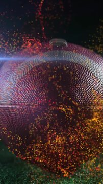 Animation of moving lens flare and abstract pattern over rugby ball on green ground