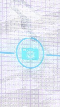 Animation of network of digital icons over grid network against 3d concentric shapes