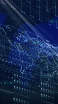 Animation of data processing and world map on dark digital screen