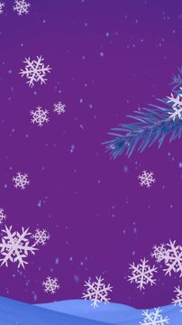 Animation of snowflakes over christmas tree with baubles on purple background