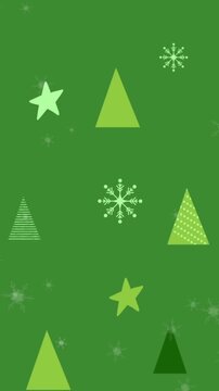 Animation of snow falling over christmas trees on green background