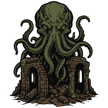 Colossal multi-eyed creature with formidable tentacles rises from ancient, weathered stone ruins, an ominous dark fantasy illustration of a mythical entity