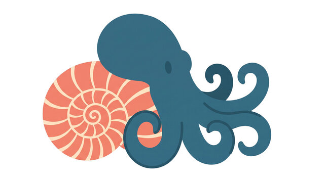 Blue Octopus Next to a Nautilus Shell Illustration.