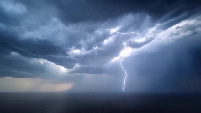 Thick, blue black dark clouds filled the sky, with flashes of lightning striking down onto the surface of the water