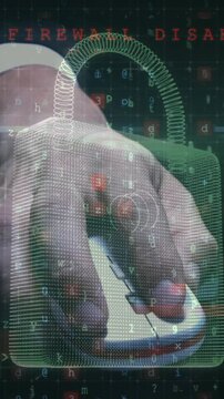 Animation of cyber attack warning over hand holding mouse
