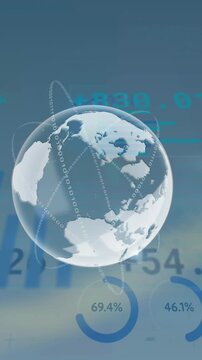 Animation of spinning globe icon and statistical data processing against blue background