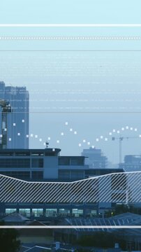 Animation of interface with statistical data processing against aerial view of tall buildings