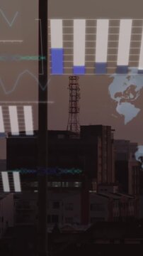 Animation of statistical data processing against view of cityscape