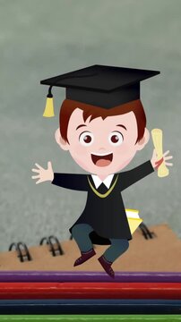 Animation of schoolboy graduating and book icons over grey background