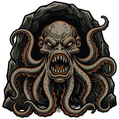 Fototapeta premium Evil creature with tentacles and sharp teeth crawling out of a stone cave, monster mascot vector graphic