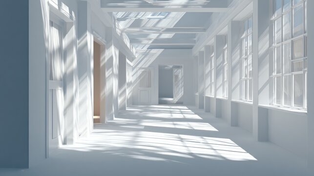 Empty white corridor with sunlit shadows from windows