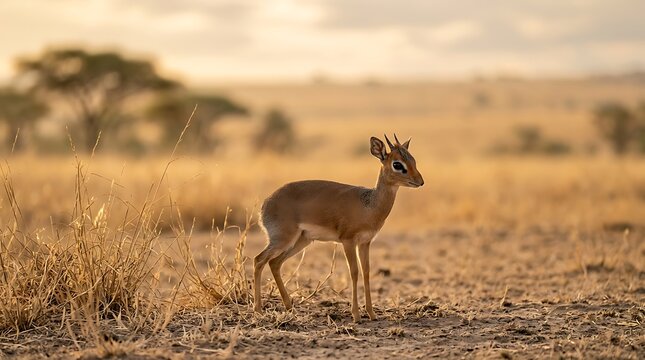 Dik-dik antelope standing in a dry grassland savanna under the soft golden light of sunset, with acacia trees in the background