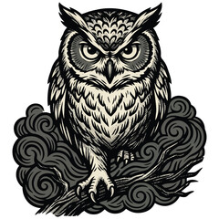 Fototapeta premium Detailed engraving style illustration of a fierce owl perched on a tree branch among clouds