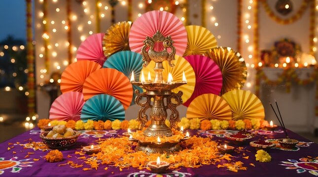 Traditional brass diya lamp on table with marigold petals, colorful paper fans, and bokeh lights for diwali festival celebration