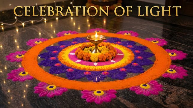 Diwali celebration with a traditional oil lamp diya placed on a colorful rangoli floor pattern