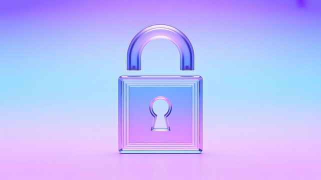 Glass holographic padlock icon 3d render. Crystal gradient set of locked and unlocked lock in different angles. Safety and secure symbol for web design. Protection and privacy concept 