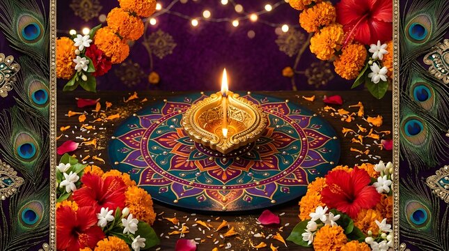 Diwali celebration with illuminated diya, marigold flowers and peacock feathers