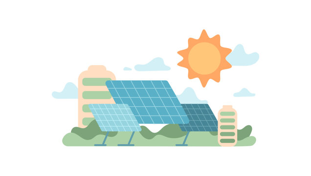 Flat eco solar energy concept with green panel fields and bright sun as main power source. Renewable electricity icon scene shows solar energy and battery storage in a clean environment, useful for