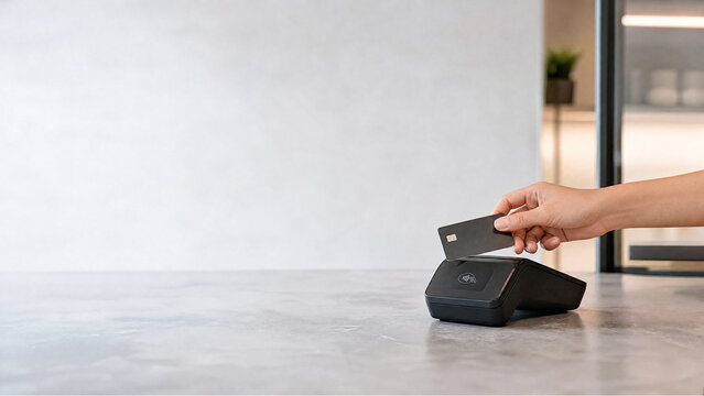 Close up of a hand holding an ic card over a payment reader with no face visible - paying quickly without cash concept banner with copy space
